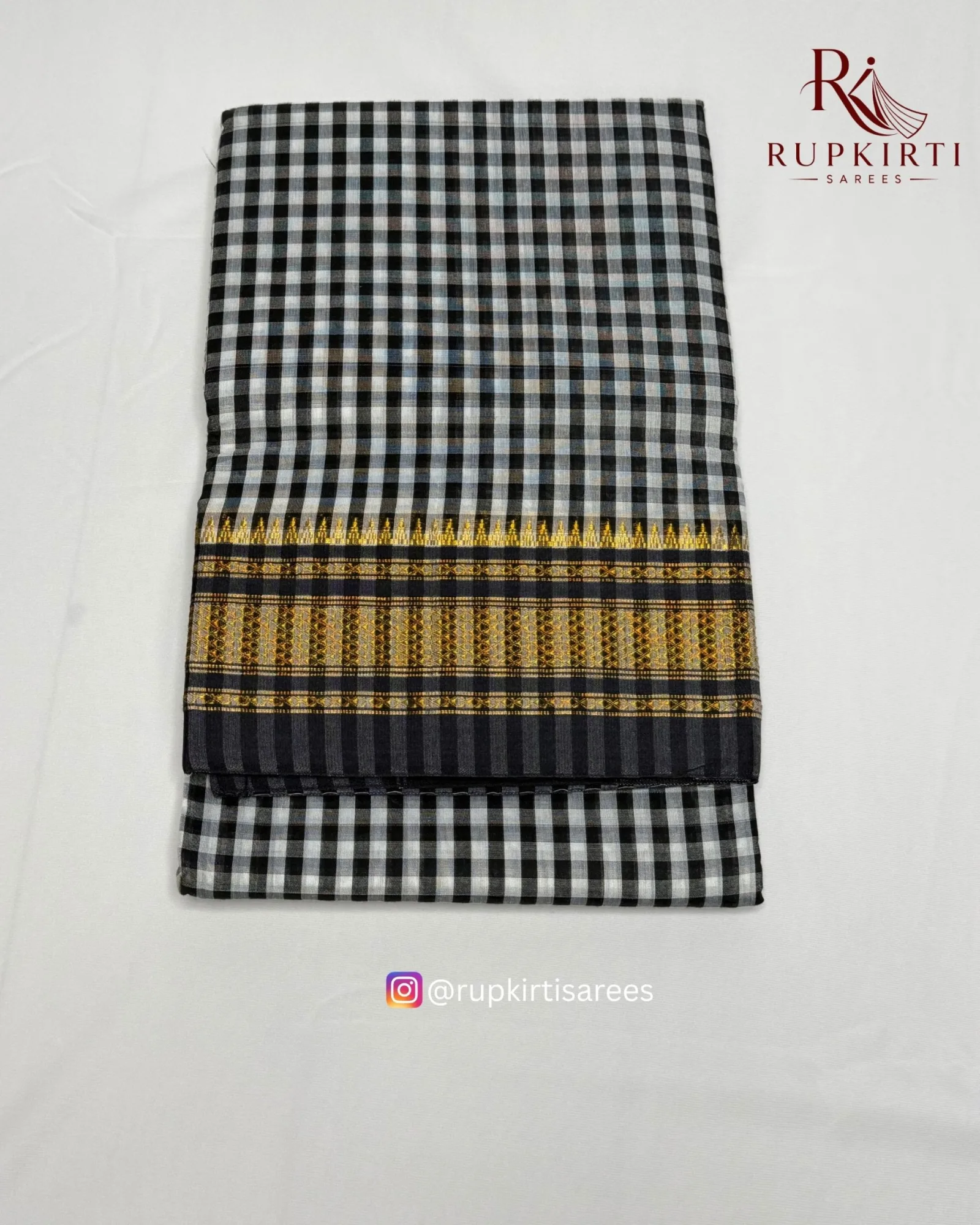 Black & Gold Ilkal Small Check Cotton Silk Saree