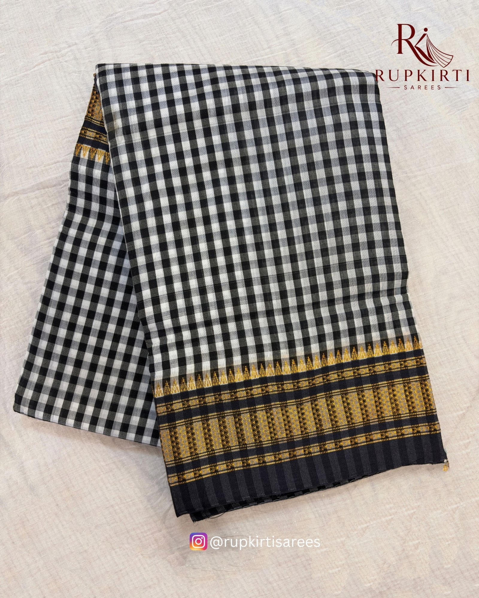 Black & Gold Ilkal Small Check Cotton Silk Saree