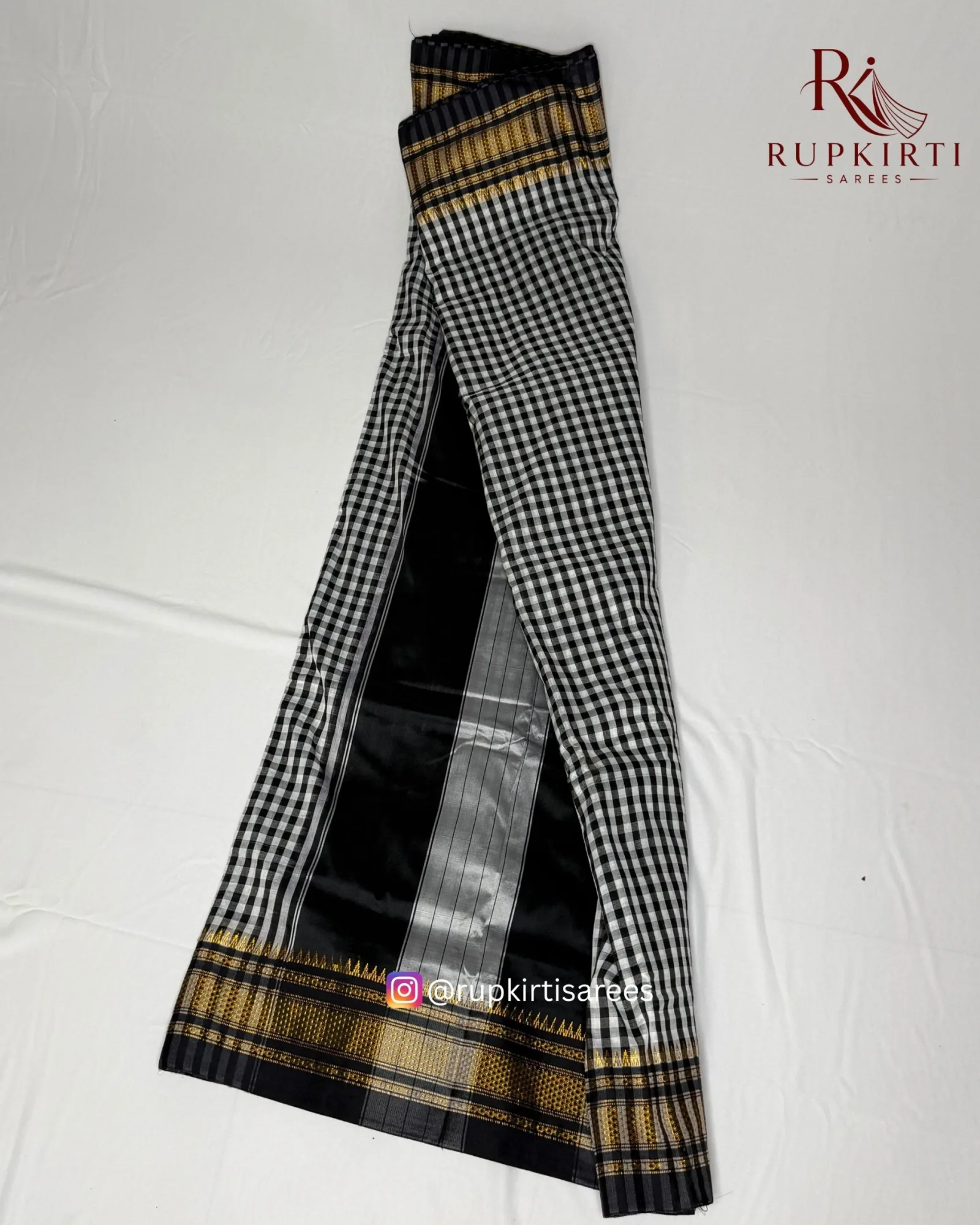 Black & Gold Ilkal Small Check Cotton Silk Saree