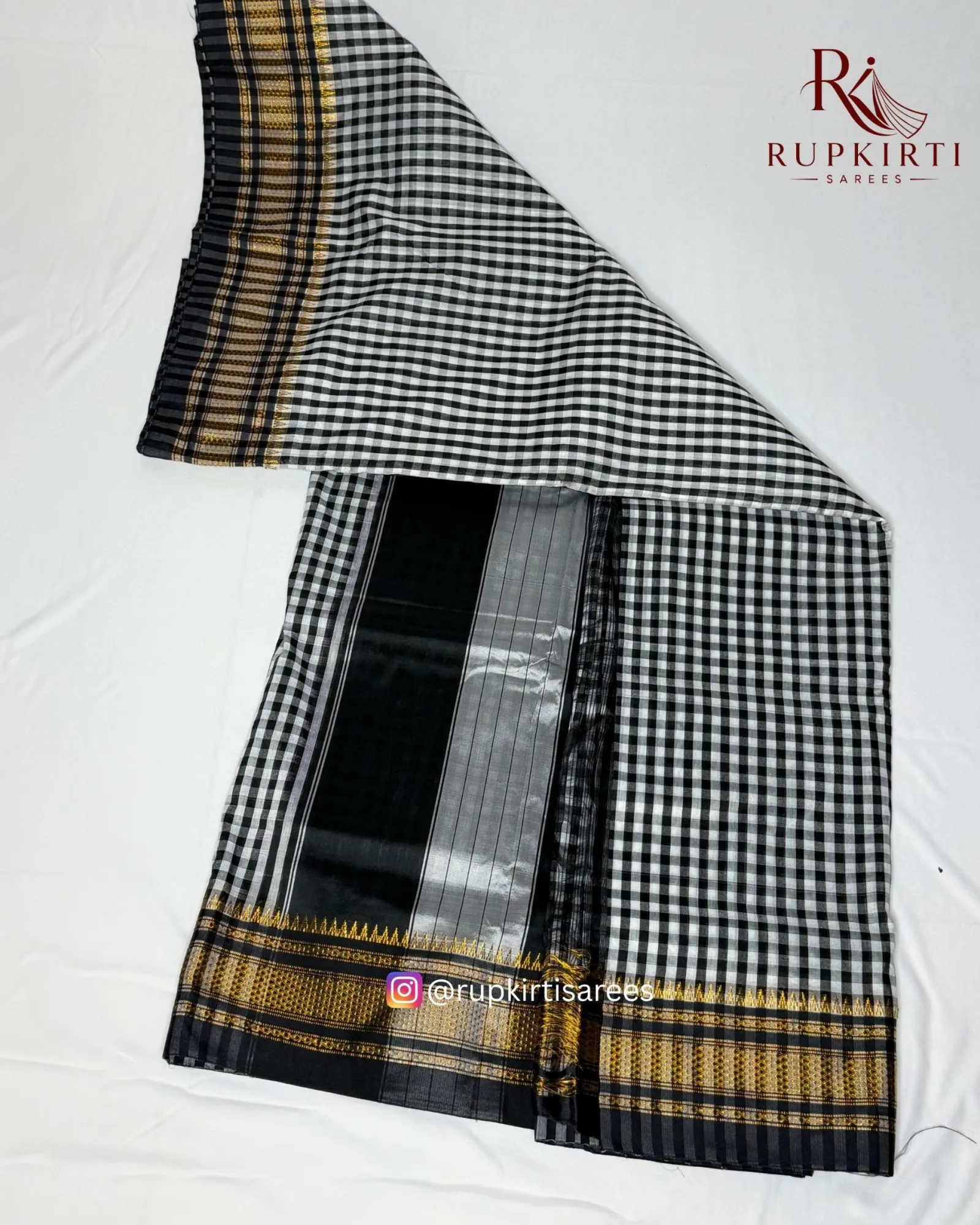 Black & Gold Ilkal Small Check Cotton Silk Saree
