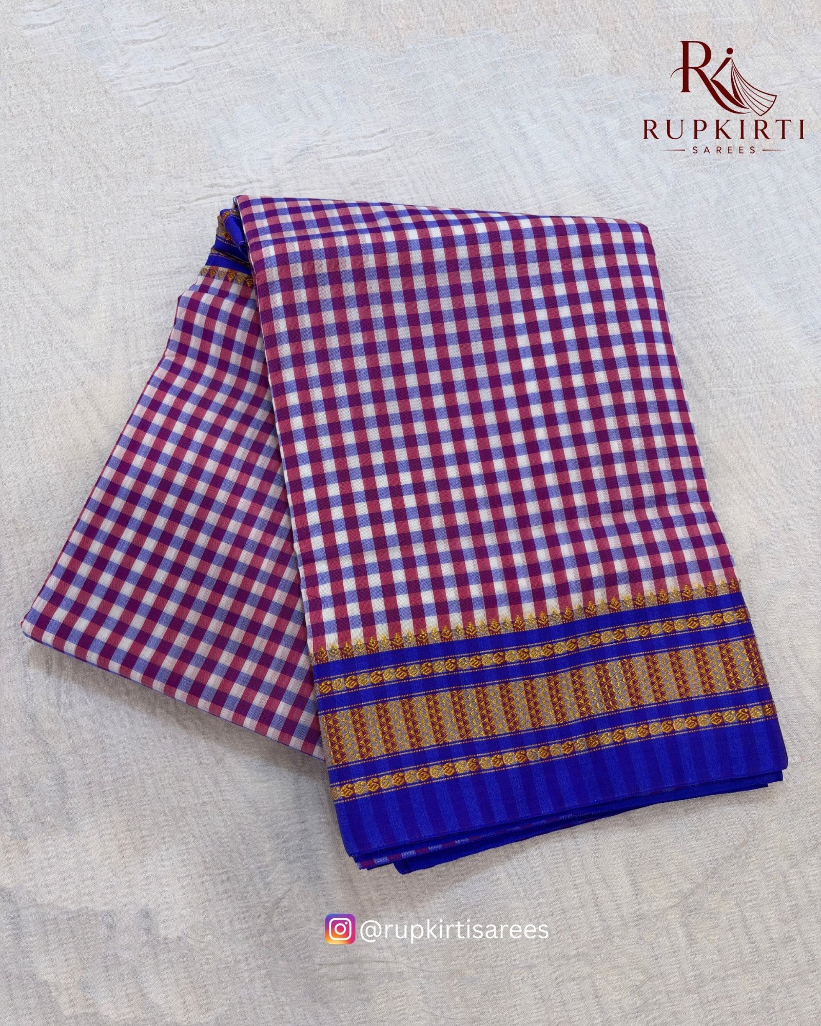 Blue & Red Ilkal Small Check Cotton Silk Saree