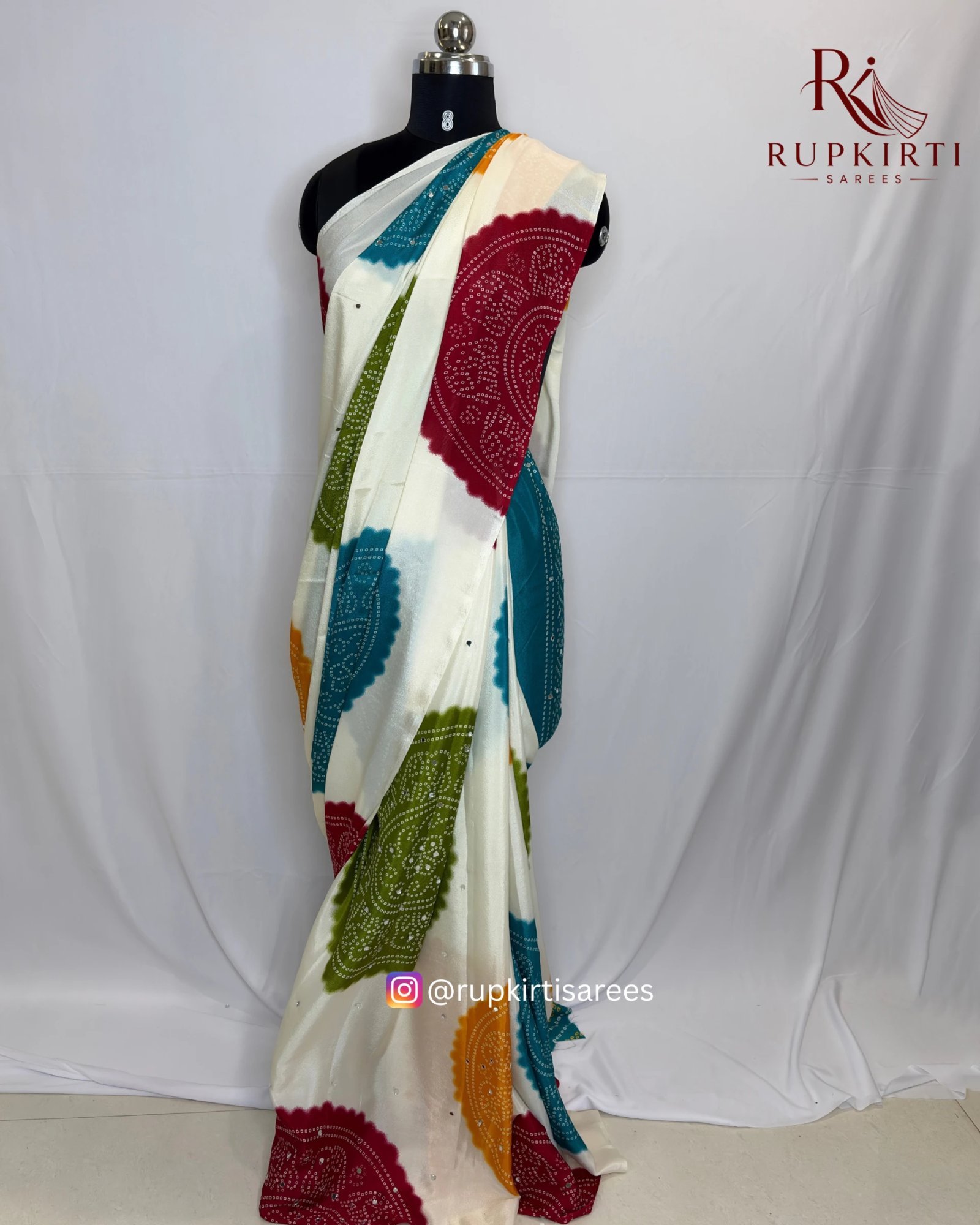 Luxury Japan Satin Silk Bandhani Saree with Contrast Blouse